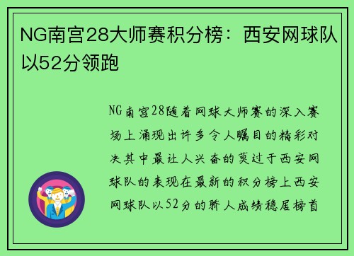 NG南宫28大师赛积分榜：西安网球队以52分领跑